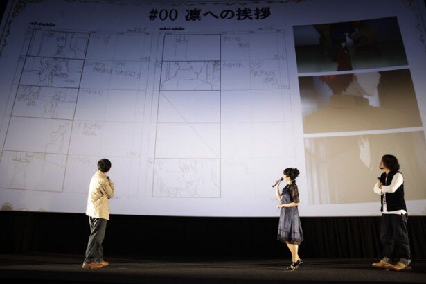監督の描いた絵コンテを見ながら解説。凛視点の#00では、この時点では凛が気にかけていないため、主人公・士郎の顔がほとんど映らないように描いているとのこと<br>