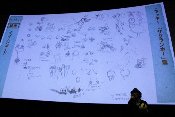 「ニャッキ！」の「サクランボ！」篇イメージボード。まずは、物語の構成を文字で組んでから絵に起こし、それからコンテの制作へ<br>